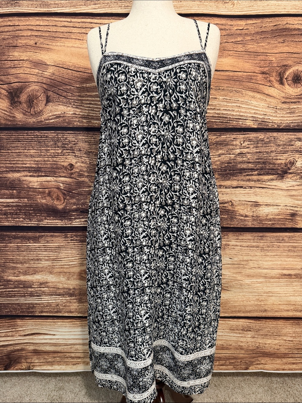 GAP Black and White Printed Spaghetti-Strap Midi Dress